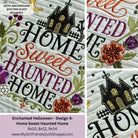 A collage showing embroidered text and floral/house motifs reading 'Home Sweet Haunted Home,' with a note that the background quilting is not included. The design appears to be a quilting pattern or craft design preview rather than a physical product photo, so subject_type is Other.