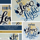 A collage showing multiple views of a machine embroidery design for a Hanukkah quilt. The design features the words 'Love & Light' in dark navy and blue calligraphy, decorated with gold menorahs, blue dreidels, and light blue floral motifs on a cream background.