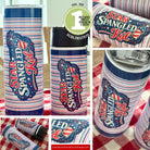 Collage of tumblers with 'Star Spangled Kid' design on a checkered tablecloth.
