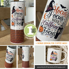A collage showing a white sublimation tumbler and matching coffee mug with a Halloween-themed graphic that reads 'Hocus Pocus Need Caffeine to Focus,' decorated with a witch hat, bats, pumpkins, and spiderwebs. The tumbler also has an orange-and-black chevron wrap near the bottom.