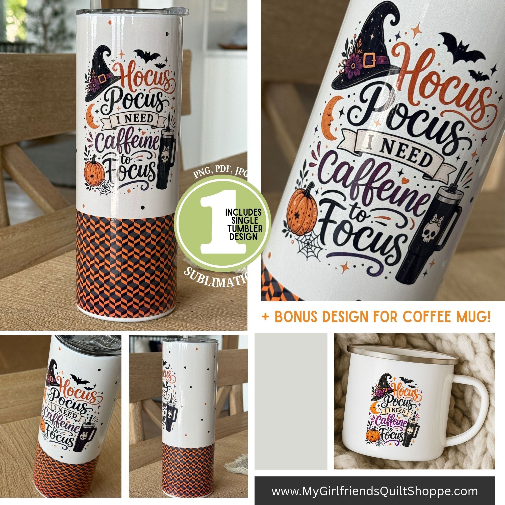 A collage showing a white sublimation tumbler and matching coffee mug with a Halloween-themed graphic that reads 'Hocus Pocus Need Caffeine to Focus,' decorated with a witch hat, bats, pumpkins, and spiderwebs. The tumbler also has an orange-and-black chevron wrap near the bottom.