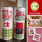 A collage showing two holiday-themed tumbler designs on the left, plus three smaller panels on the right with text promoting a sublimation bundle and showing mugs and coasters made from the designs. The main product appears to be the tumbler design artwork rather than a plain product photo, and the image includes a real styled setting on the right, so Lifestyle is the best fit over Product/Packaging.