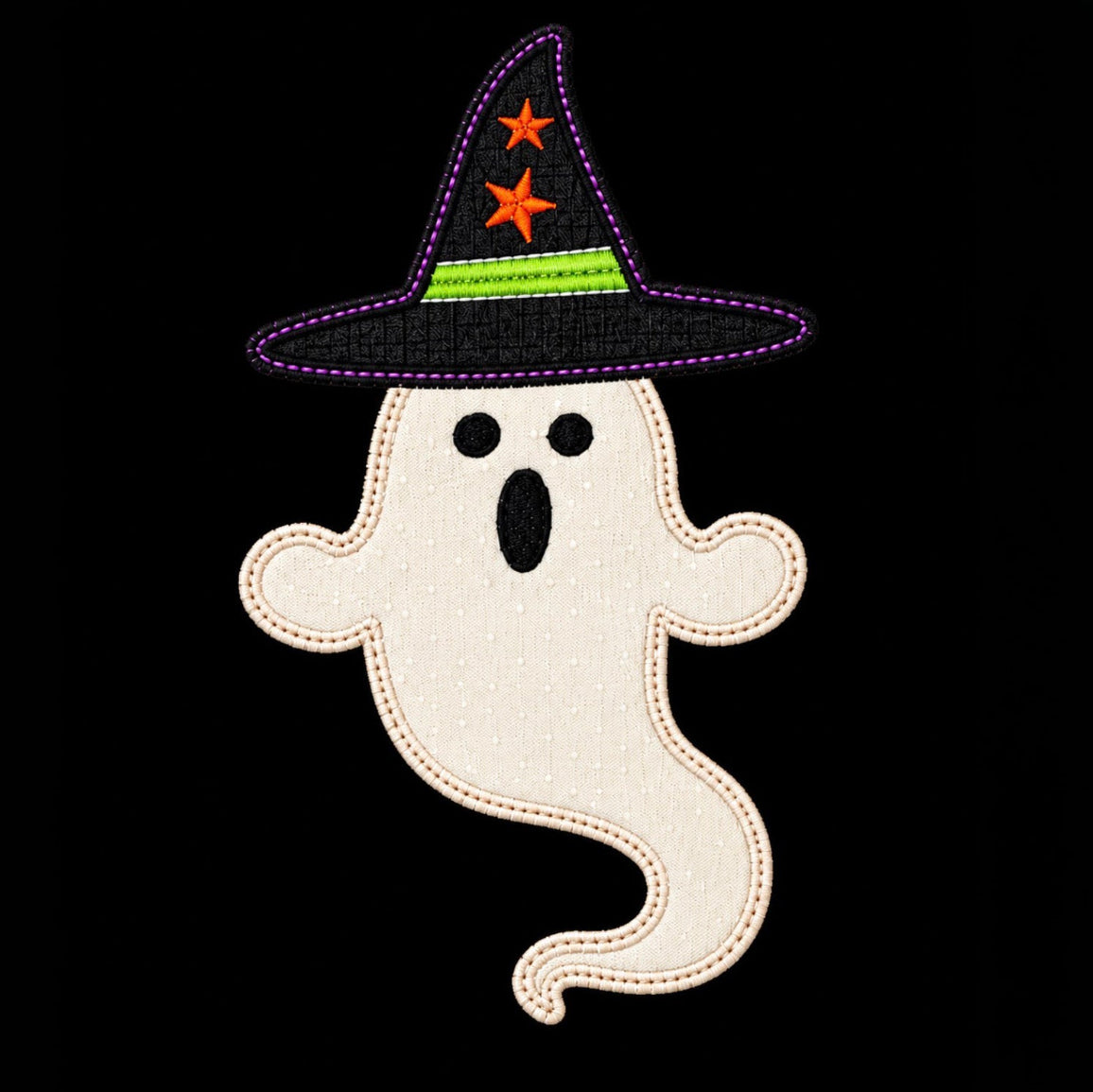 A Halloween-themed embroidered patch of a ghost wearing a witch hat, shown on a solid black background.
