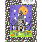 Halloween-themed fabric panel with a haunted house illustration, ghosts, pumpkins, bats, and a purple sky, surrounded by a repeating ghost pattern. Text in the top right reads 'PANEL SIZE 32" x 43"'.