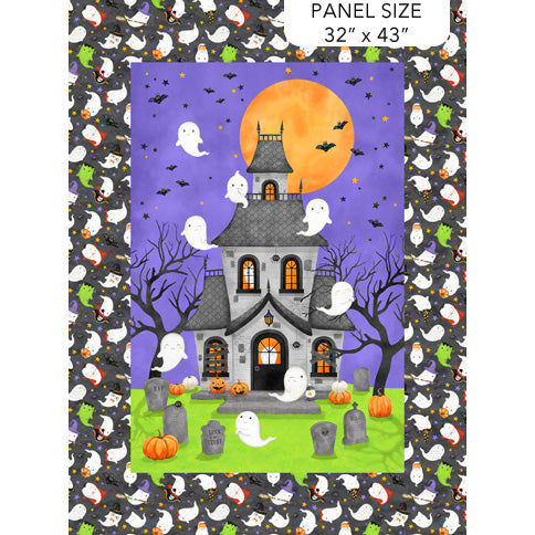 Halloween-themed fabric panel with a haunted house illustration, ghosts, pumpkins, bats, and a purple sky, surrounded by a repeating ghost pattern. Text in the top right reads 'PANEL SIZE 32" x 43"'.