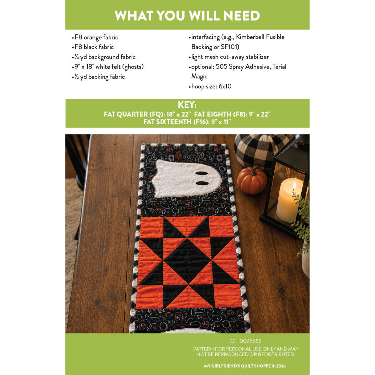 A quilt pattern cover page titled 'WHAT YOU WILL NEED' with a key and a photo of the finished table runner. The runner features a black and orange geometric pattern with white ghost motifs on a white background.