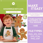 Promotional graphic for a downloadable gingerbread boy and girl sublimation machine and cut file design. The left side shows a smiling young child wearing a white apron with a gingerbread man print, while the right side lists included file types and download details on a purple background.