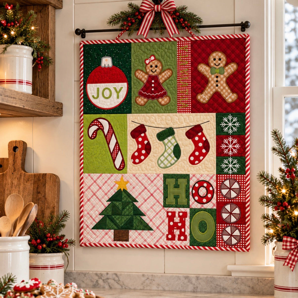 A festive Christmas quilt hanging on a wall in a decorated kitchen. The quilt features patchwork panels with gingerbread men, candy canes, stockings, snowflakes, a Christmas tree, and 'HO HO' motifs in red, green, beige, and white.
