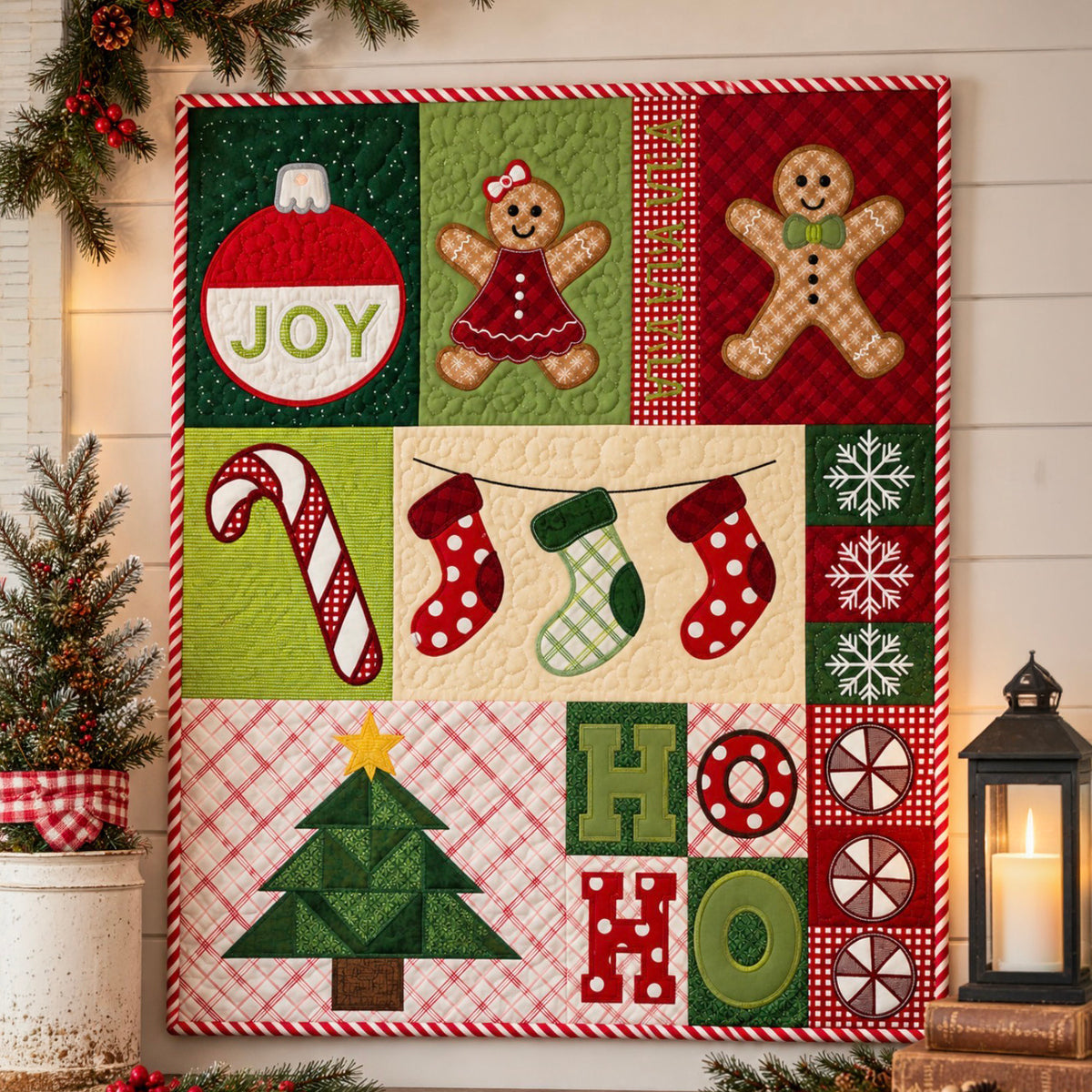 A festive quilted wall hanging or blanket featuring Christmas-themed patchwork panels with gingerbread men, candy canes, stockings, snowflakes, a Christmas tree, and the word HOHO. The quilt is displayed against a white shiplap wall with holiday greenery and a lit lantern nearby.