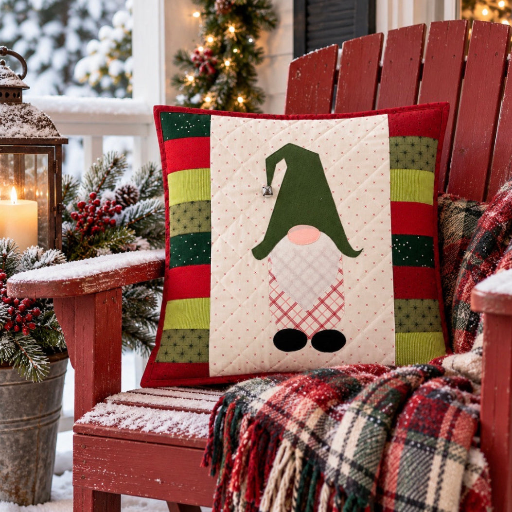 A square decorative throw pillow with a gnome design sits on a red wooden Adirondack chair in a snowy outdoor porch setting. The pillow features a cream center with a green hat, red and white plaid beard, and black feet, surrounded by red, green, and yellow striped borders.