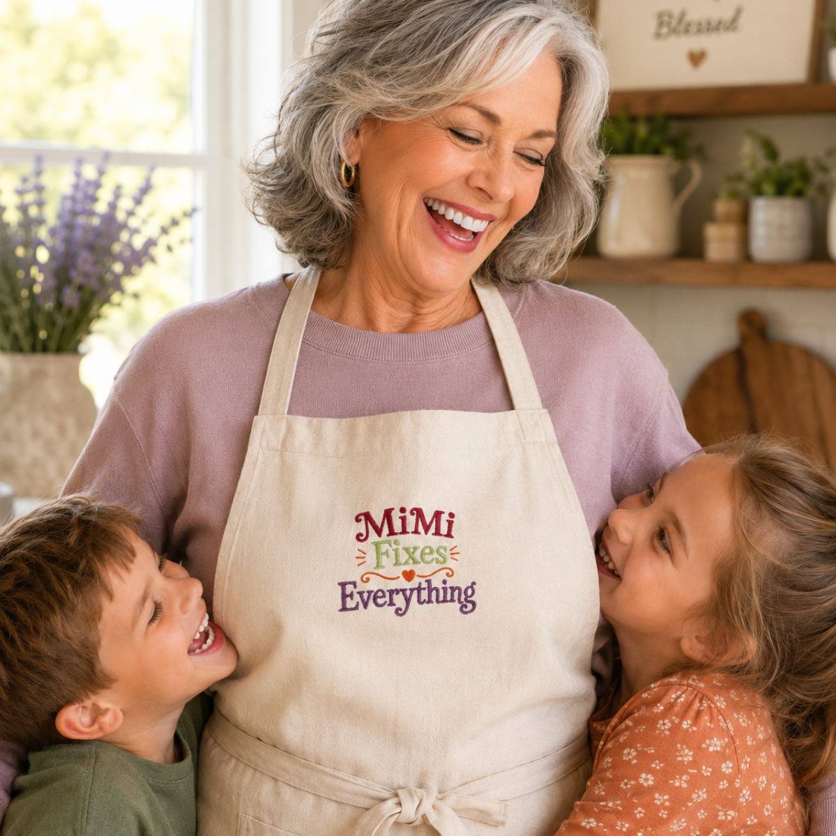 A woman with gray hair wearing a cream apron with 'Mimi Lives Everything' embroidered on the chest, smiling and hugging two children in a warm kitchen setting.