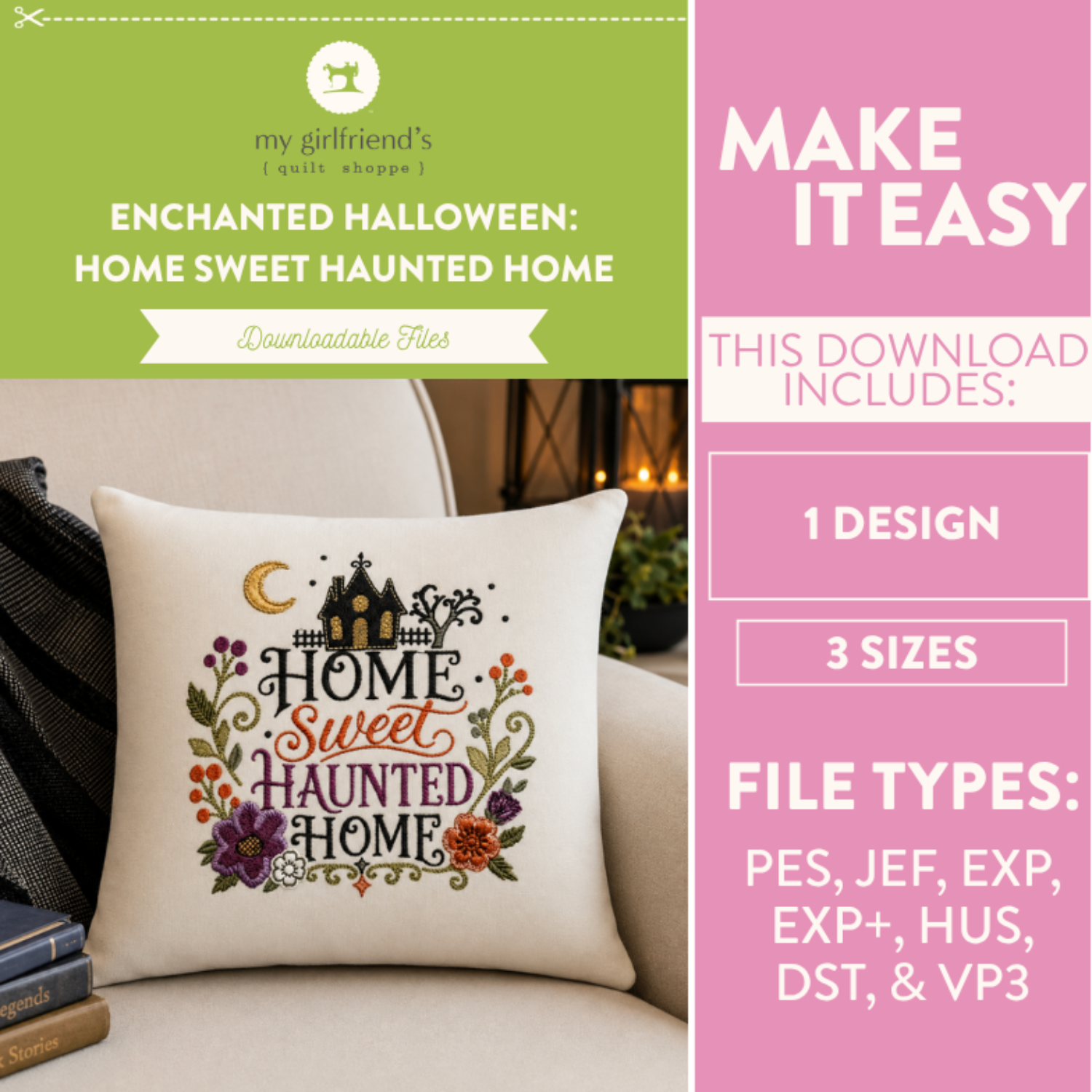 Promotional graphic for a downloadable embroidery design featuring the phrase 'Home Sweet Haunted Home' with a haunted house, moon, and autumn flowers. The design is shown embroidered on a cream pillow in a cozy indoor setting.