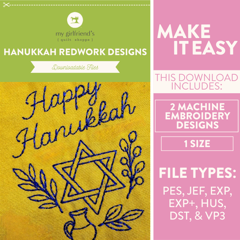 Embroidered design with 'Happy Hanukkah' text on a yellow fabric background.