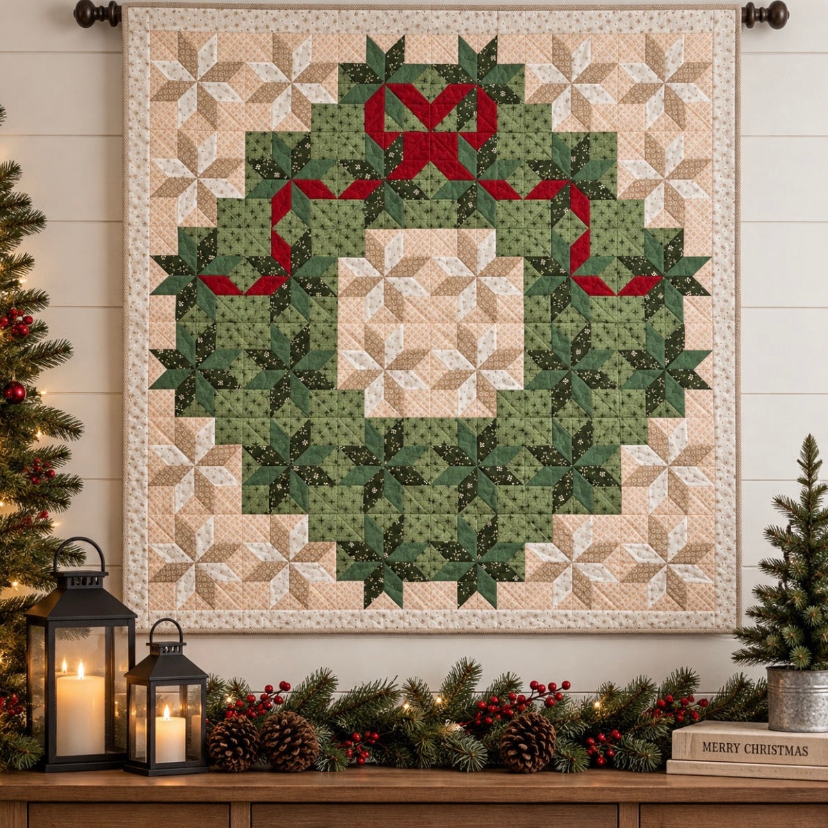 A large quilted wall hanging with a Christmas wreath design, featuring green and beige geometric patterns with a red ribbon bow, displayed in a decorated holiday room setting.