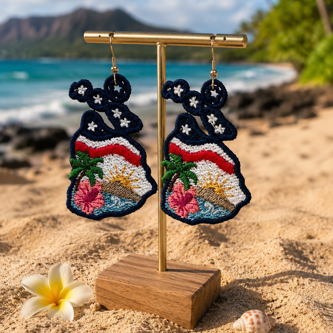 Decorative earrings on a stand with a beach background