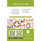 Fabric requirements list for a quilt project with fabric swatches and a QR code.