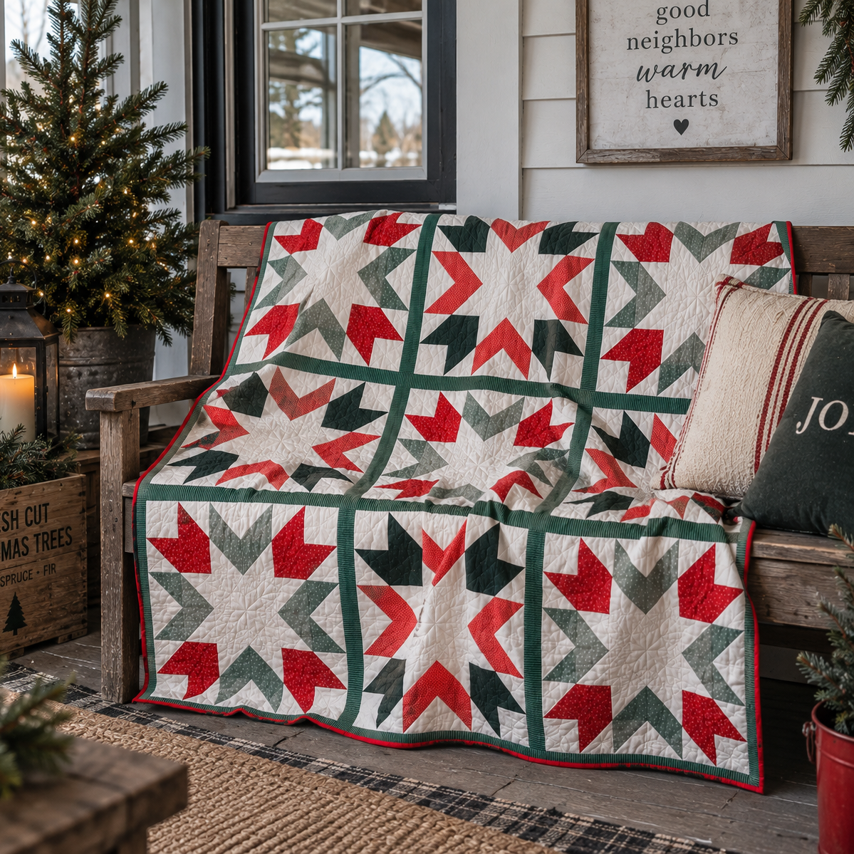 A quilted throw blanket with a rustic Christmas star pattern in red, green, and gray is draped over a weathered wooden bench on a porch. The background features a decorated Christmas tree, a framed sign reading 'good neighbors warm hearts', and holiday pillows.