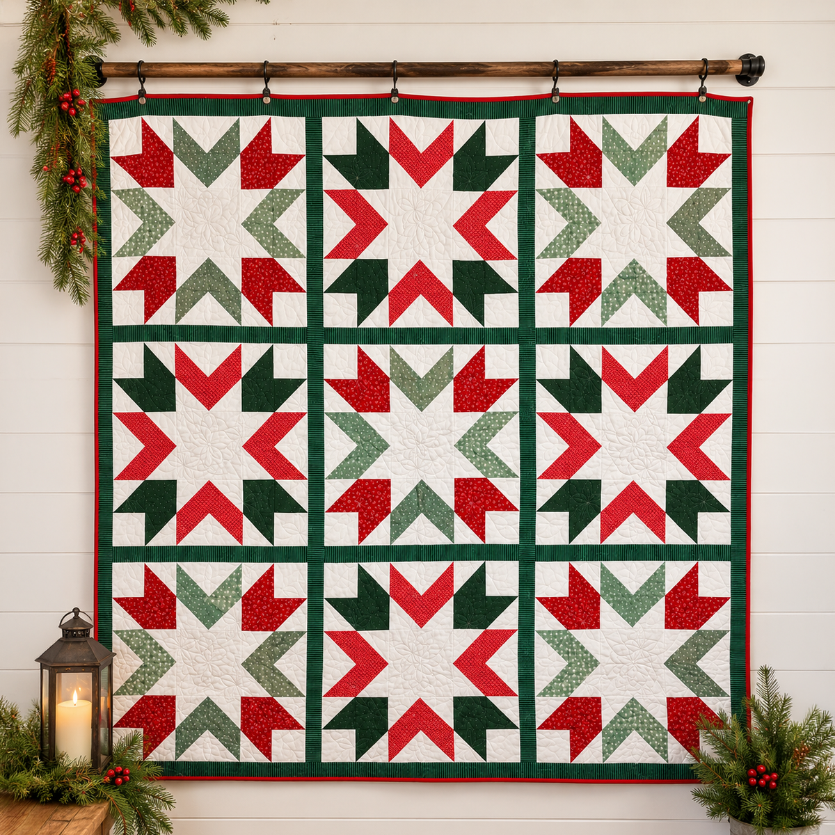 A large quilted wall hanging with a Christmas star pattern, featuring red, green, and white blocks, hung on a wooden rod against a white shiplap wall with holiday greenery and a lantern.