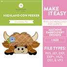 Embroidery design package for a Highland cow with download information on a green and pink background.