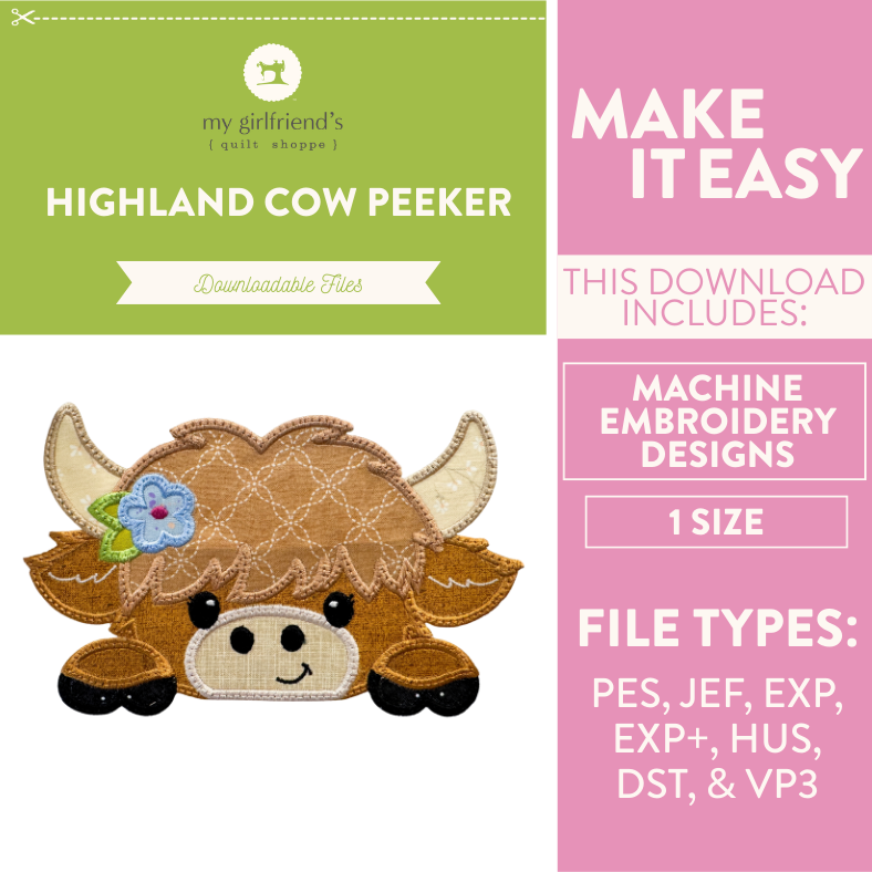 Embroidery design package for a Highland cow with download information on a green and pink background.