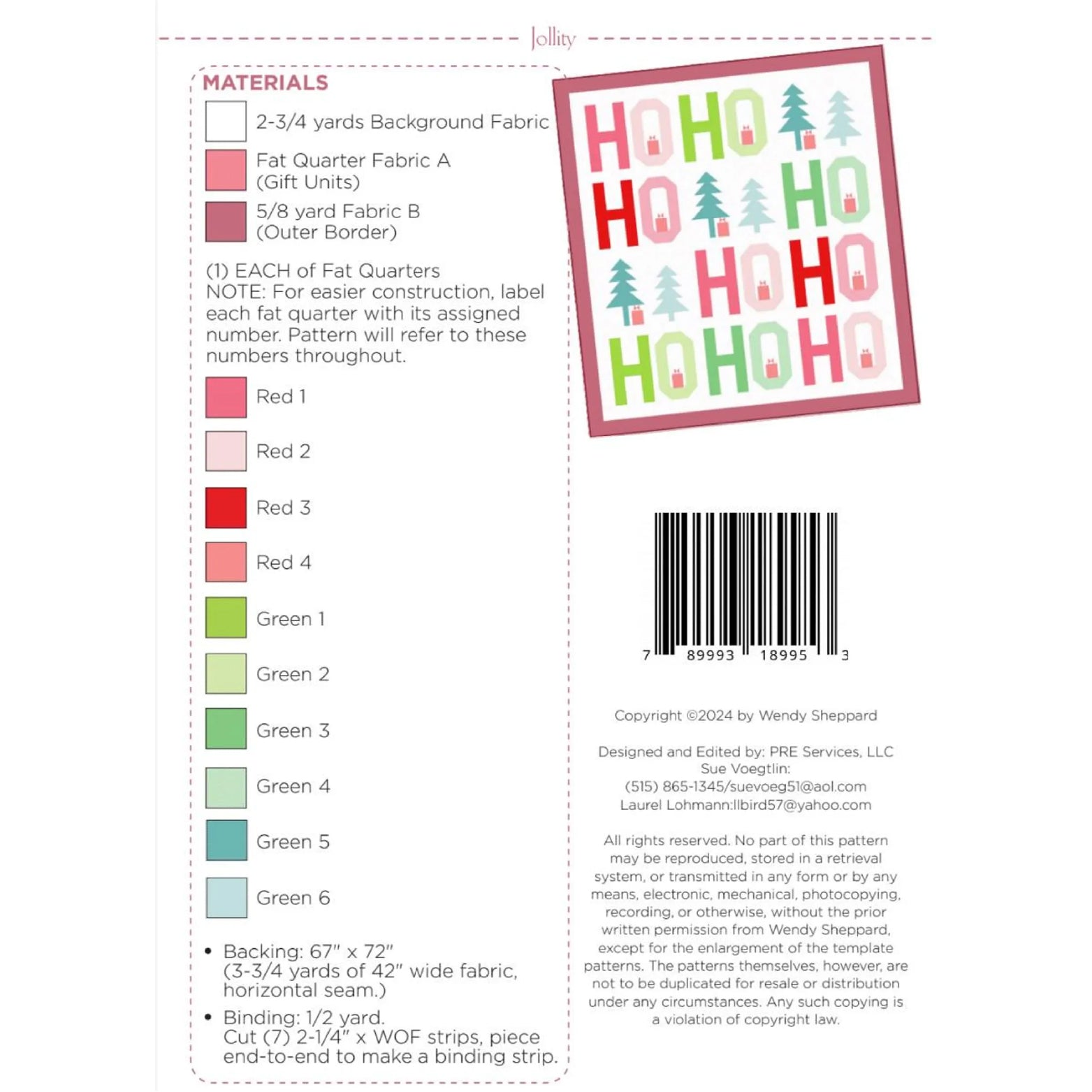 A pattern instruction sheet for a fabric quilting pattern, showing a finished sample of a 'Hannah' pattern with pastel red, green, and blue backgrounds, trees, and the word 'Hannah' in pink. The left side contains a materials list, color guide, construction notes, and dimensions, while the right side shows a barcode and copyright details.