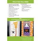 A flat informational sheet for a quilting pattern listing, titled 'WHAT YOU WILL NEED' and 'KEY', with text blocks above and a fabric sample strip below showing pattern options. The sheet is mostly white with green headers and a central fabric swatch strip featuring orange, black, and purple quilted sections.