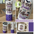 A collage showing a white insulated tumbler and matching coffee mug with a colorful Halloween-themed quote design reading 'Hocus Pocus I Need Coffee to Focus.' The tumbler also has a purple geometric diamond pattern near the bottom.