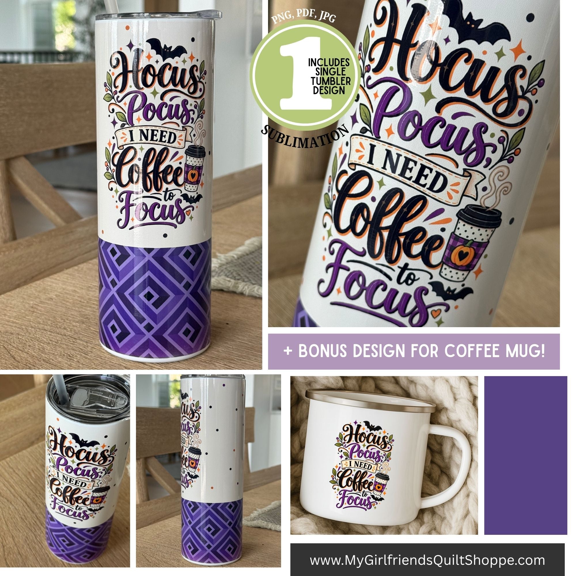 A collage showing a white insulated tumbler and matching coffee mug with a colorful Halloween-themed quote design reading 'Hocus Pocus I Need Coffee to Focus.' The tumbler also has a purple geometric diamond pattern near the bottom.
