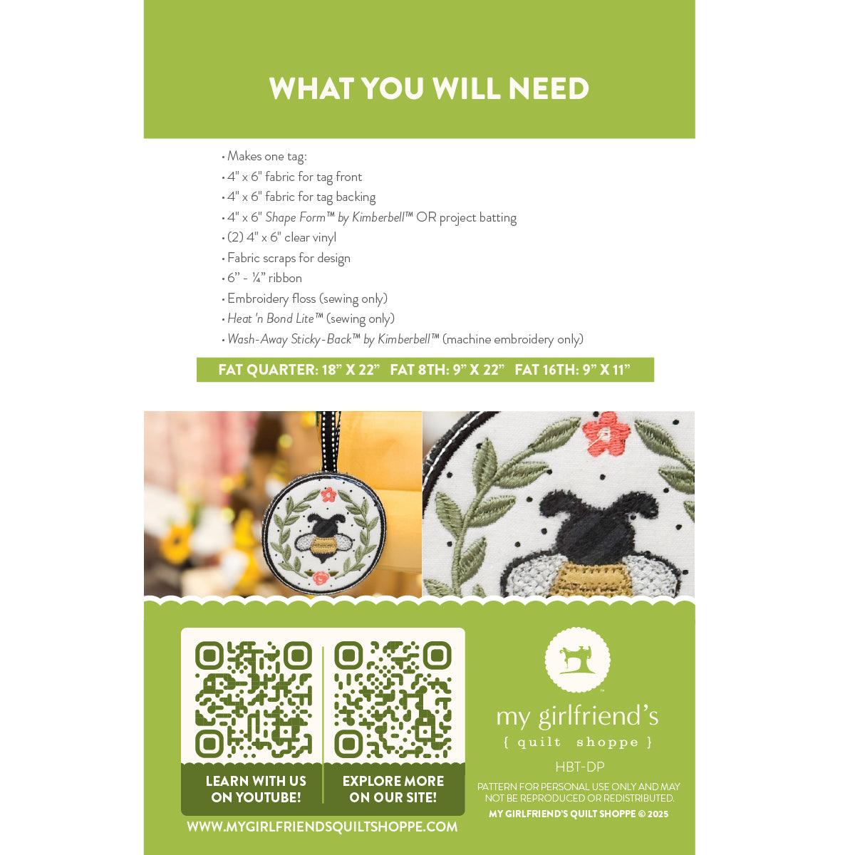 Embroidery kit packaging with QR code and branding information.
