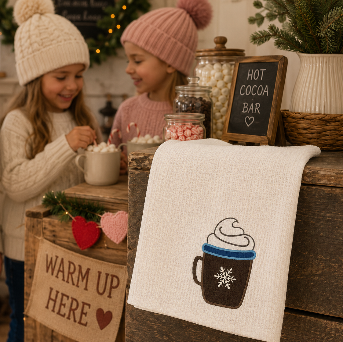 A white cotton tea towel with a printed hot cocoa mug design hangs on a rustic wooden display table in a cozy holiday hot cocoa bar setting. Three children in knit winter hats are seen holding mugs of hot cocoa in the background, creating a warm, festive atmosphere.