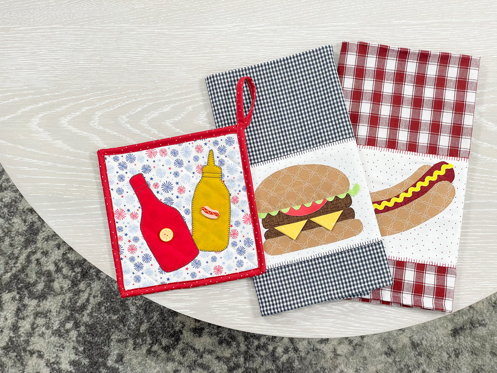 MGQS Monthly Kitchen Kits - June, hamburger, hotdog, ketchup, mustard design