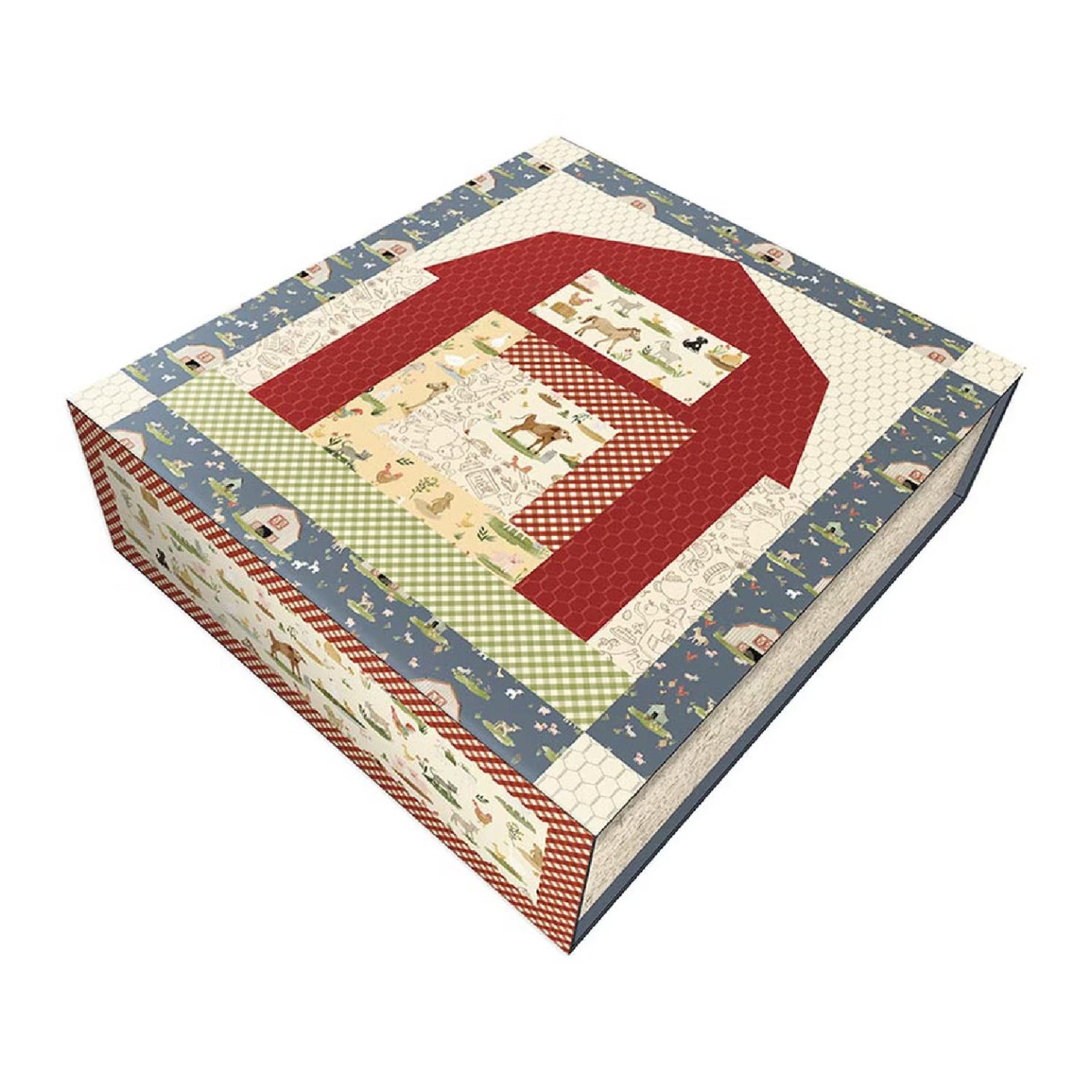 A quilted fabric storage box with a rustic barn design, featuring a red barn roof, green and cream gingham patterns, and a blue border with small animal motifs, shown on a plain white background.