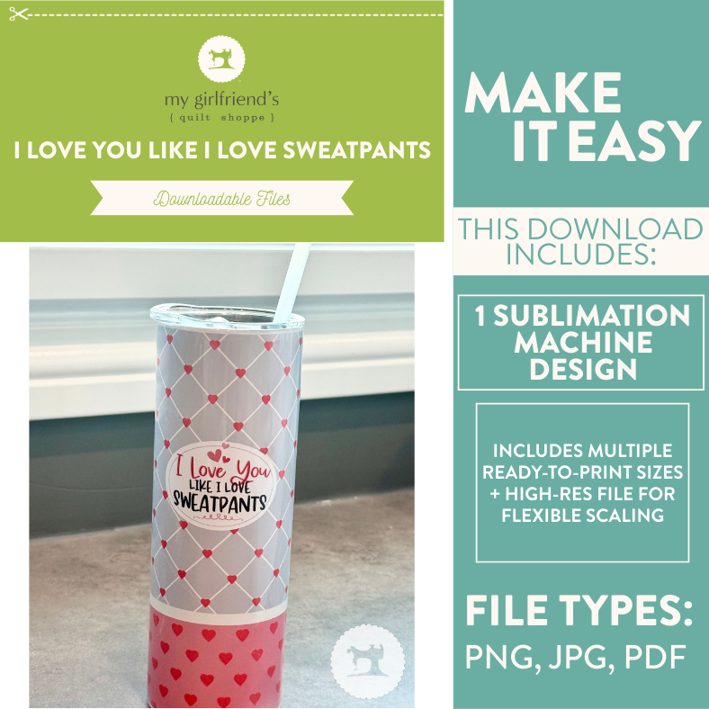 Promotional graphic for a sublimation design with a tumbler and text about file types and downloads.