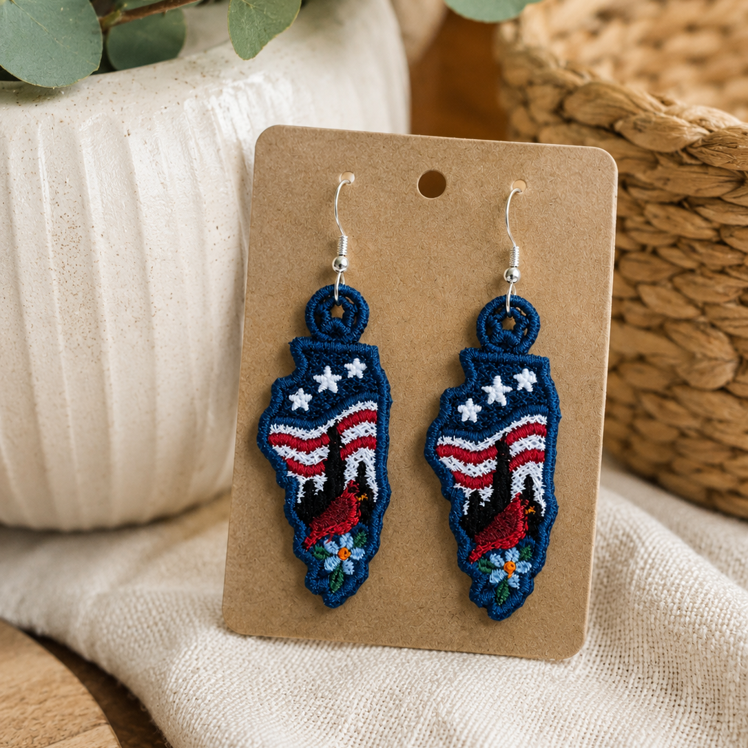 Pair of earrings on a cardboard backing with decorative elements