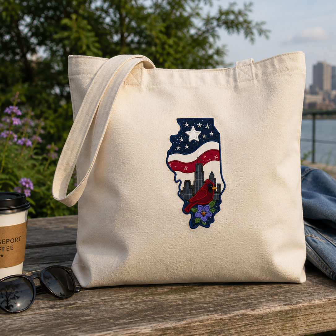Tote bag with Illinois design, coffee cup, sunglasses, and jeans on a wooden surface with a cityscape background.