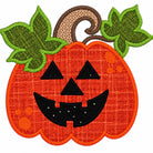 A stylized embroidered jack-o'-lantern patch on a plain white background. The pumpkin is orange with a textured stitched pattern, featuring a black stitched face, green leaves, and a brown stem.