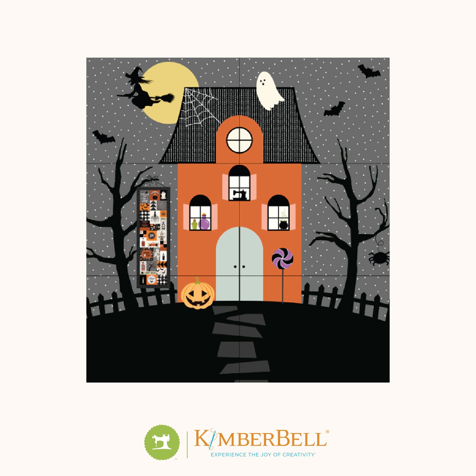 Halloween-themed design with a haunted house, pumpkins, and ghosts on a gray background, featuring the Kimberbell brand.