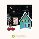 Illustration of a snowy scene with a house, car, and quilt, featuring the Kimberbell brand.