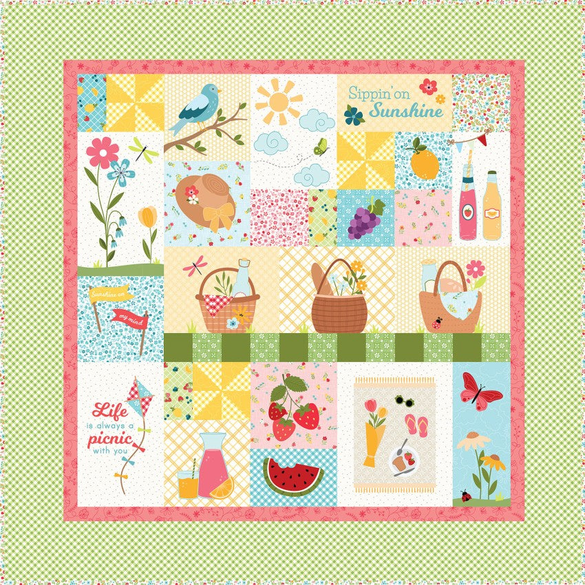 Colorful patchwork quilt with various patterns and illustrations on a green polka dot background.