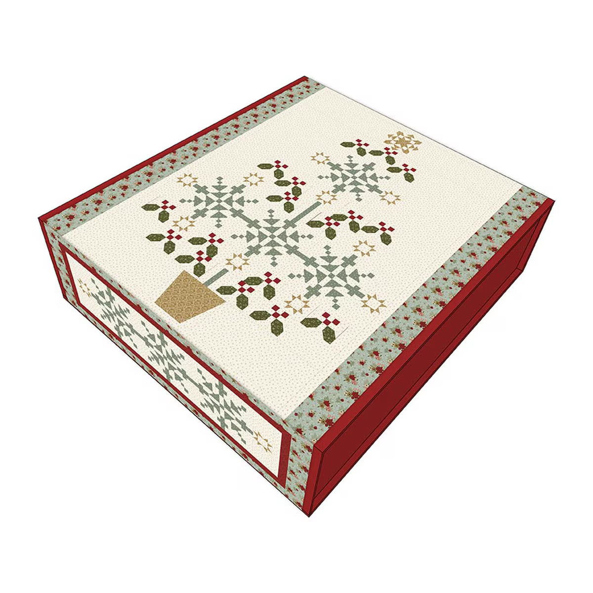 Decorative box with a quilt design featuring snowflakes and holly on a white background