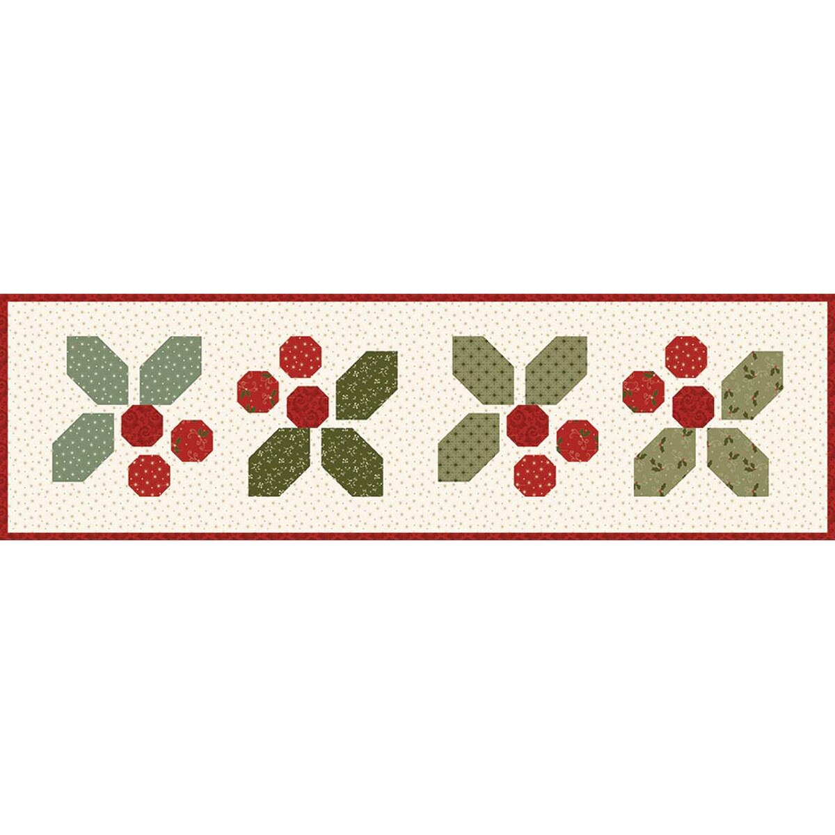 Patterned border with green and red shapes on a white background