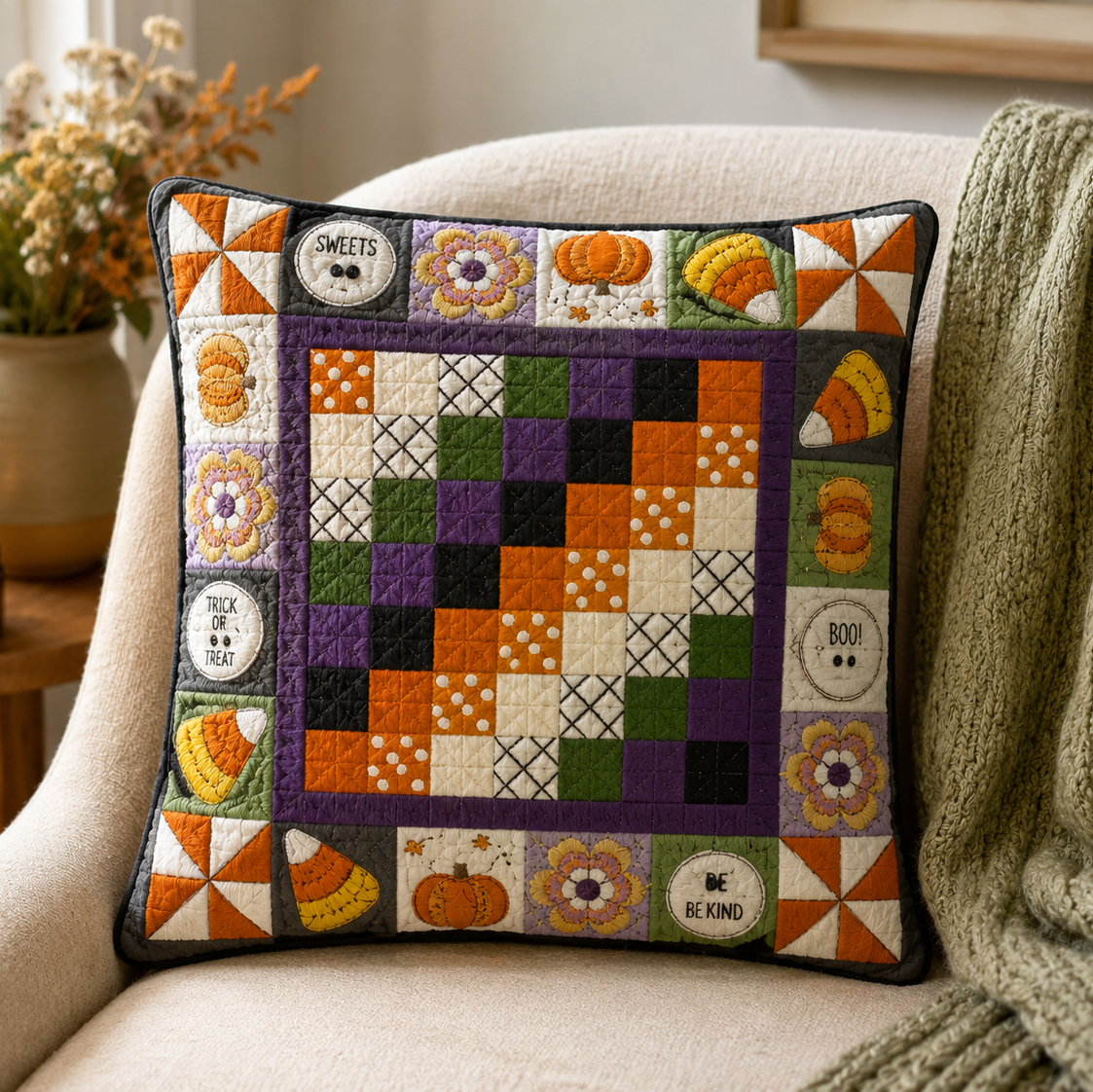 A square decorative throw pillow with a colorful autumn patchwork design, styled on a beige armchair next to a green knit blanket.