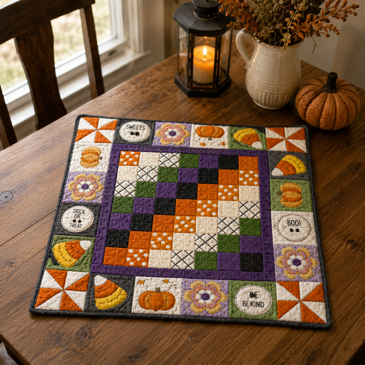 A square quilted table runner with a Halloween theme sits on a wooden dining table. The runner features a central checkerboard pattern in purple, orange, green, black, and white, surrounded by a border of autumn-themed patches including pumpkins, corn, flowers, and text like 'SWEET SPOT', 'HAPPY HALLOWEEN', 'ROO', and 'BE KIND'.