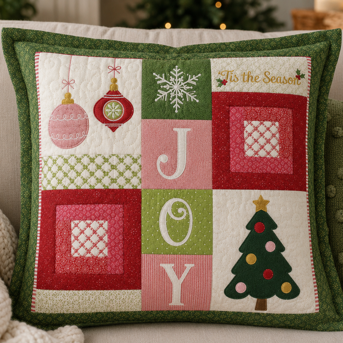 A square quilted throw pillow with a festive Christmas patchwork design, featuring the word 'JOY' in large letters, ornaments, a snowflake, a Christmas tree, and 'Tis the Season' text, resting on a beige sofa.