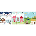 Three square quilted wall art panels with whimsical illustrated scenes: a snowy mountain cabin panel, a pink house with hot air balloons panel, and a green hillside village with houses and kites panel, shown side by side on a white background.