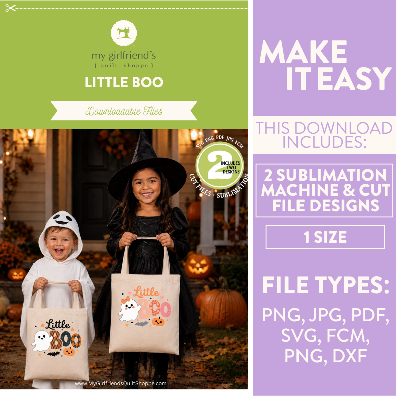 Promotional graphic for a downloadable Halloween file bundle from my girlfriend's quilt shop. The left side shows two children in costumes holding tote bags with 'Little Boo' and 'Little Boo 70' designs.