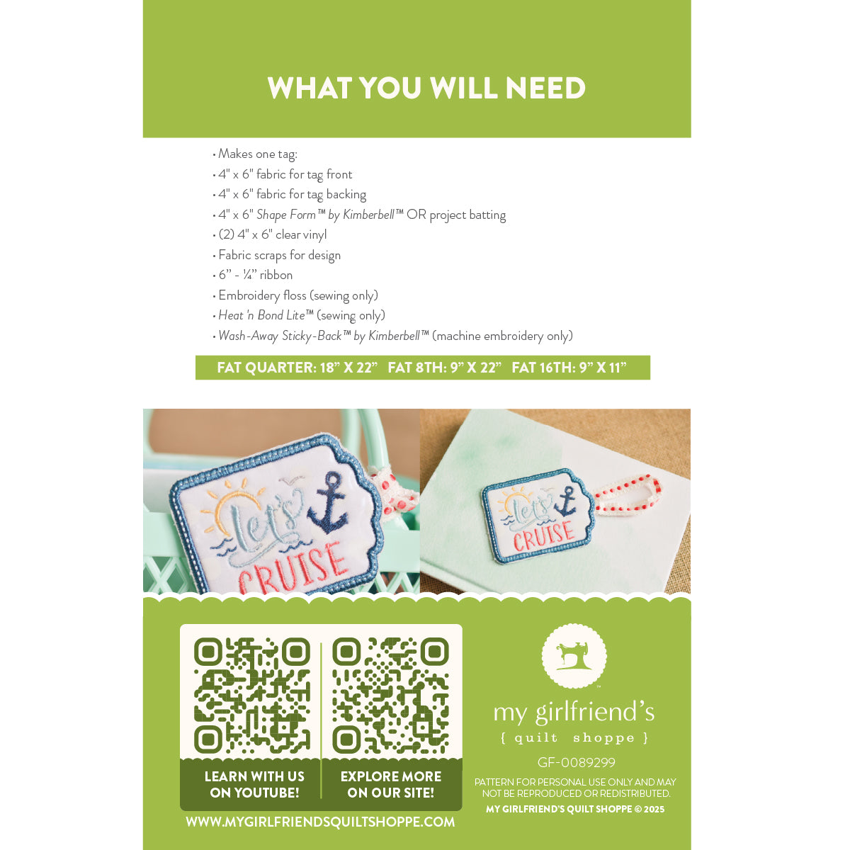 Instructions for creating a fabric tag with an anchor design and text, featuring a QR code and branding information.
