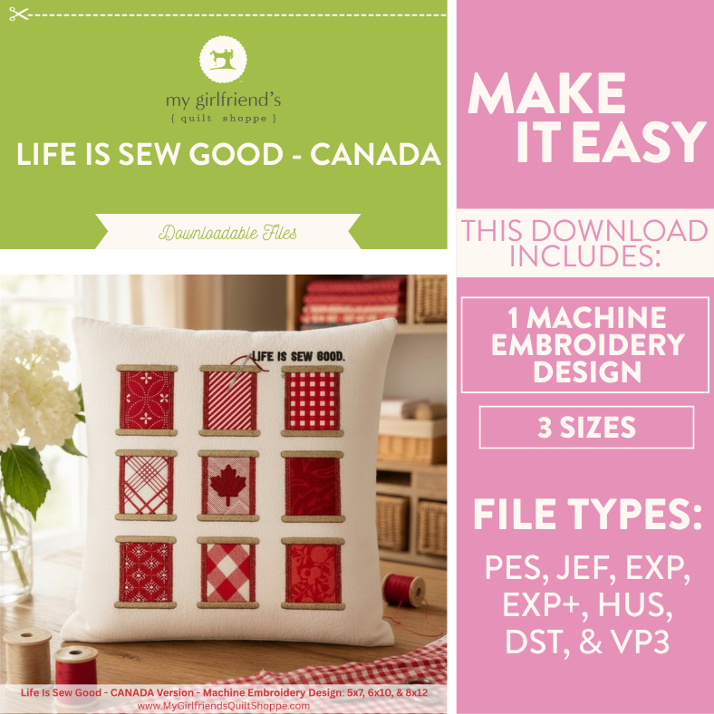 Promotional graphic for 'Life is Sew Good' machine embroidery design with a pillow featuring red and white patterns.