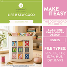 Promotional graphic for 'Life is Sew Good' machine embroidery design set, featuring a laundry basket with colorful fabric samples.