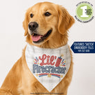 Dog wearing a 'Lil' Firecracker' bandana with promotional text overlay on a white background